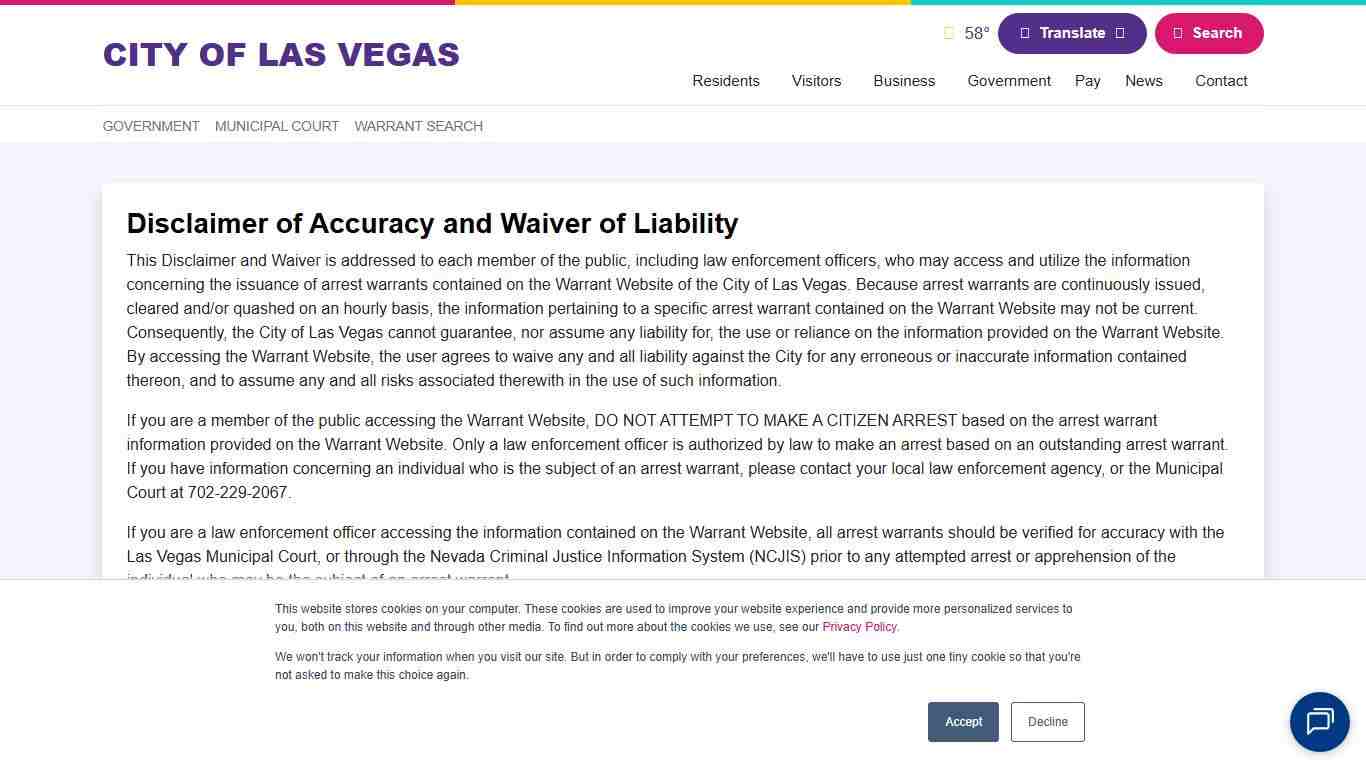 City of Las Vegas > Government > Municipal Court > Warrant Search