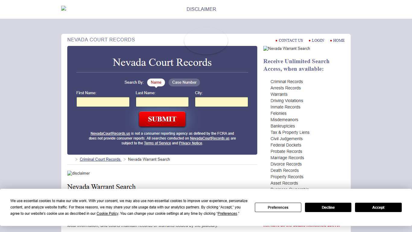 Nevada Warrant Search NevadaCourtRecords.us